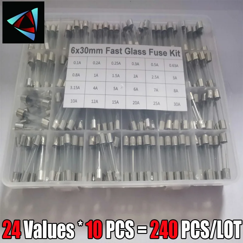 240 sztuk / pudełko 24 wartości 6x30mm Zestaw szybkich bezpieczników szklanych w opakowaniu 0,2A 0,5A 1A 2A 3A 5A 6A 8A 10A 15A /250V 6*30 Pakiet rurek ubezpieczeniowych
