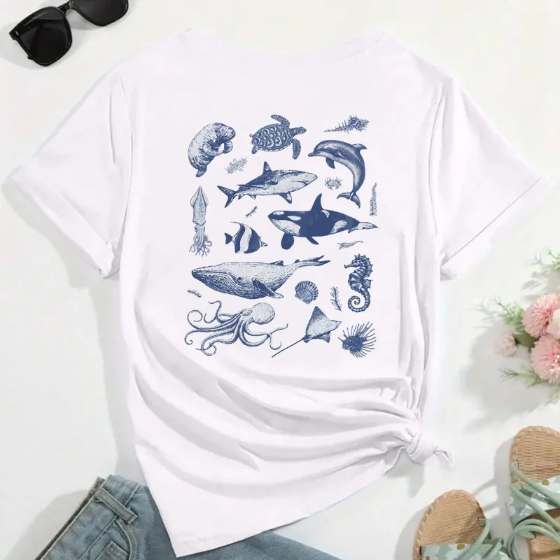 Summer Fashion Women Loose Vacation Tops Short Sleeve Cotton Vintage Graphic Tees With Undersea Life Pattern On The Back T-Shirt