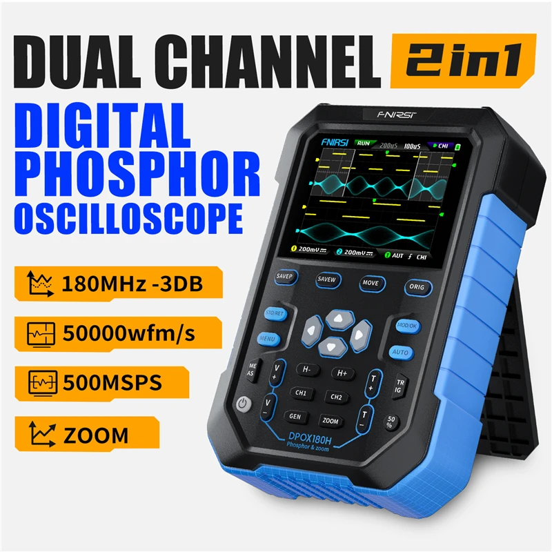 FNIRSI DPOX180H Osciloscópio digital portátil com tela fluorescente 180 MHz 50.000wfms/S Gerador de sinal 2 em 1 ZOOM de 20 MHz