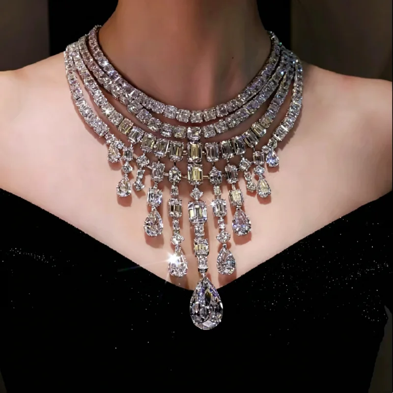 Bellux Fine Jewelry Wedding Luxury Full Diamond Square Water Drop Large Gemstone Necklace 925 Silver Top Material for Women