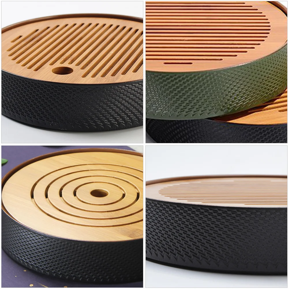 

1Pcs Round Tea Tray Double Layer Drain Tray Bamboo Ceramic Cup Draining Rack Kitchen Fruit Draining Board Household Tableware