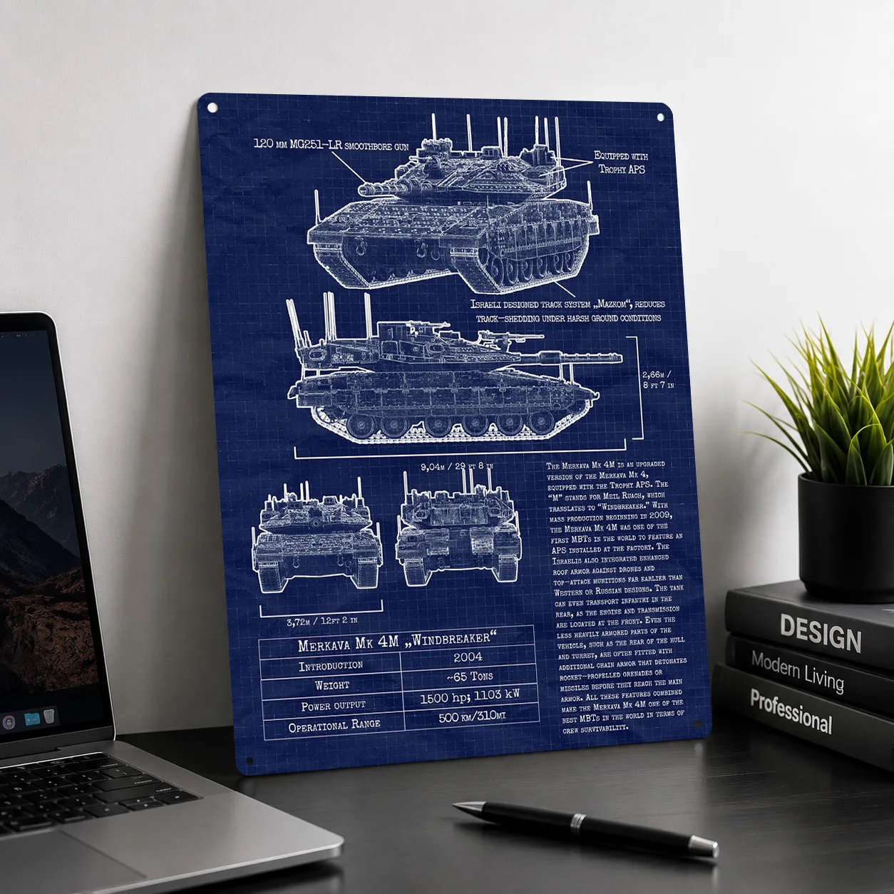 Merkava Mk 4M Windbreaker Blueprint 3D Texture Metal Poster Customized Wall Art Tin Sign Gift for Mancave Gamer Decoration House