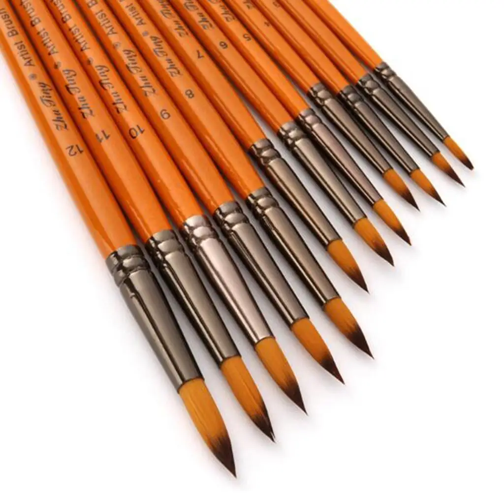 12Pcs Artists Paint Brush Set Nylon Hair Acrylic Round Pointed Tip