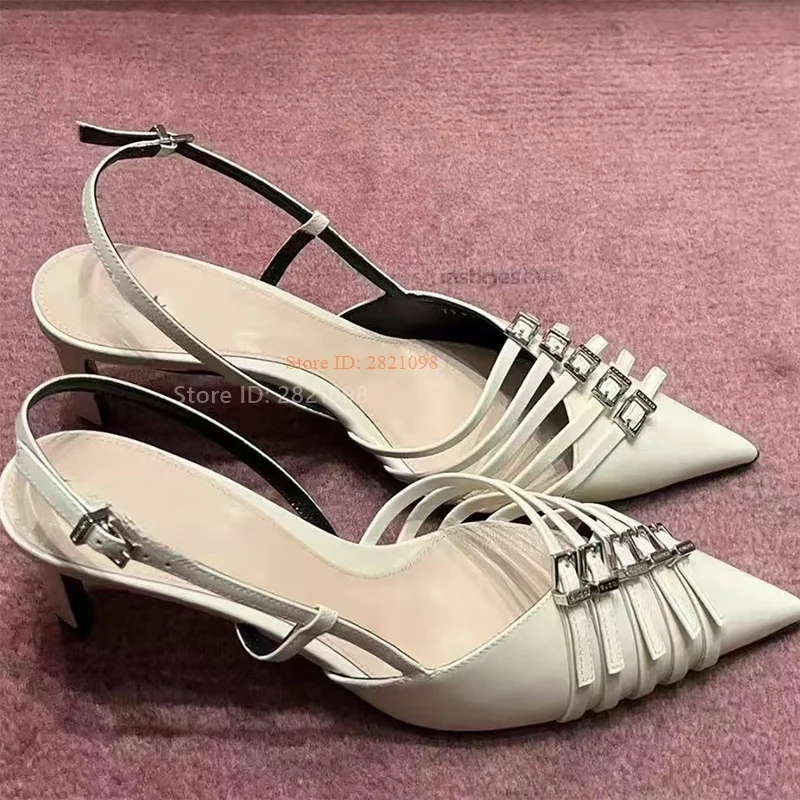 Low Stiletto Heeled Slingback Pointed Toe Belt Buckle Straps Women Thin High Heeled Ankle Wrap High Heel Open Toe Summer Shoes