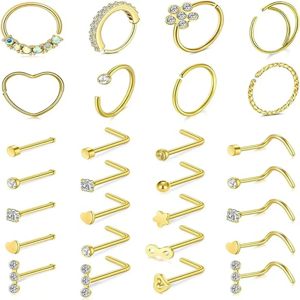 

28Pcs Stainless Steel Nose Rings Hoop L Shape Nose Studs Nose Screw Bone Rainbow Pack for Women And Men Piercing Jewelry Gift