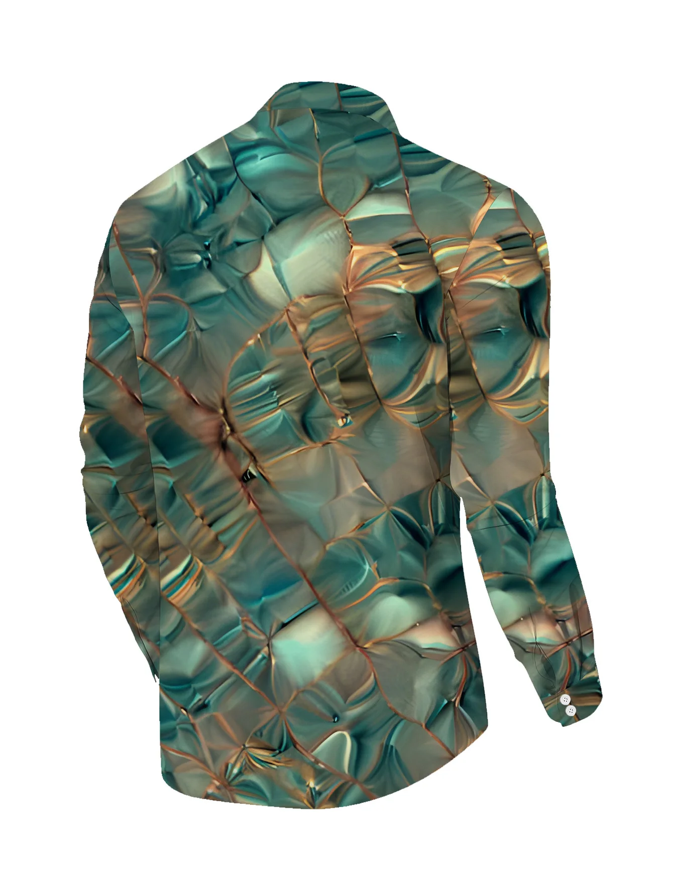 Men Lapel Collar Shirt Teal Base Golden Vein Liquid Marble Graphic Polyester Long‑Sleeve Top