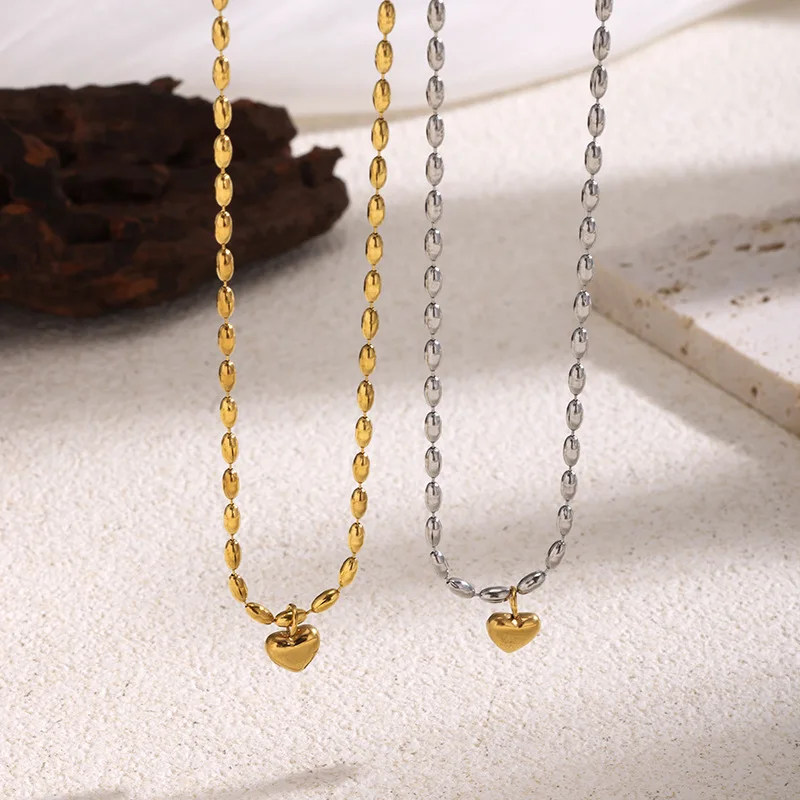 Metal Style Two‑Tone Heart Rice Bead Clavicle Chain, Minimalist Niche High‑end Women Versatile Necklace