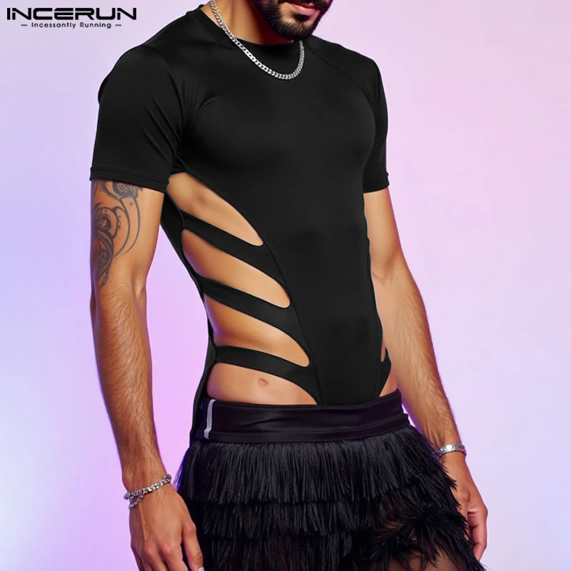 

INCERUN Fashion Men Bodysuits Solid Color O-neck Short Sleeve Hollow Out Sexy Male Rompers Streetwear 2025 Skinny Bodysuit Men
