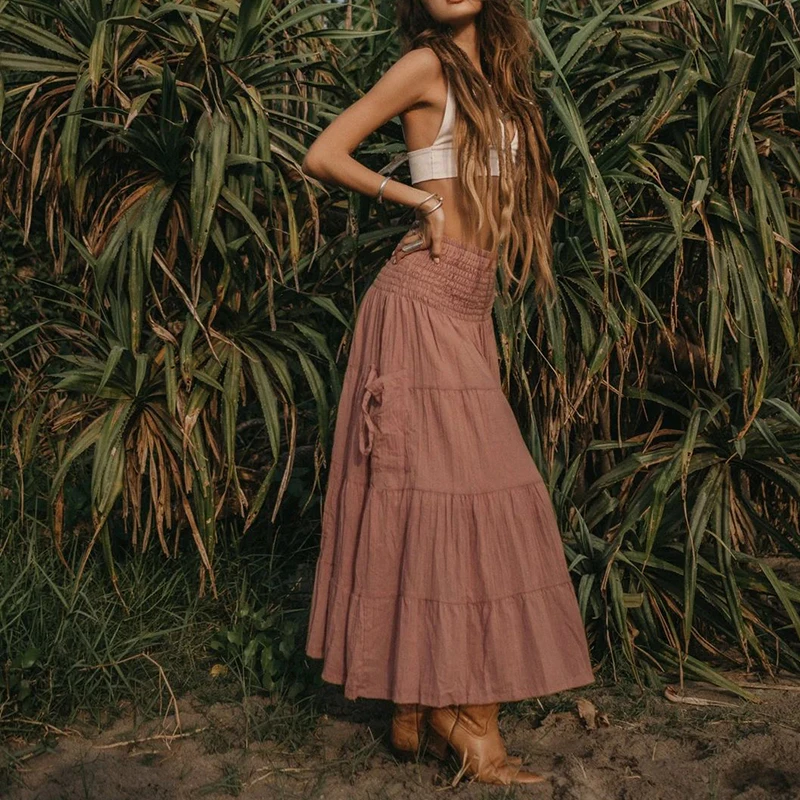 2026 frühling Sommer Urlaub Böhmischen A-linie Rock Dame Vintage Einfarbig Langen Rock Beiläufige Lose Elastische Taille Falten Rock