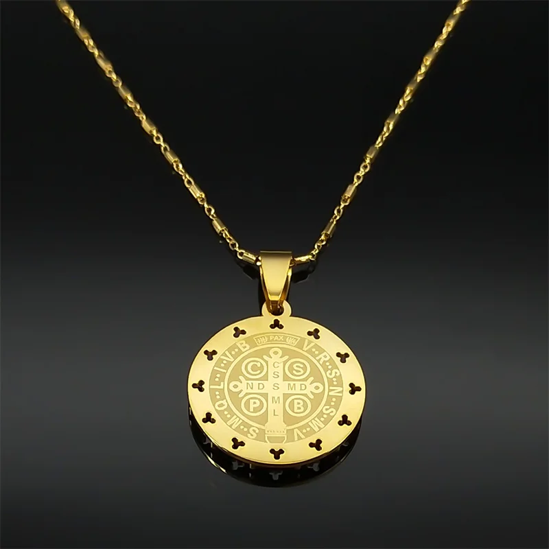 قلادة قلادة سان بنديكت للرجال والنساء ، الفولاذ المقاوم للصدأ ، لون ذهبي ، سلسلة مجوهرات سان بينيتو الدينية ، 8245-QKC