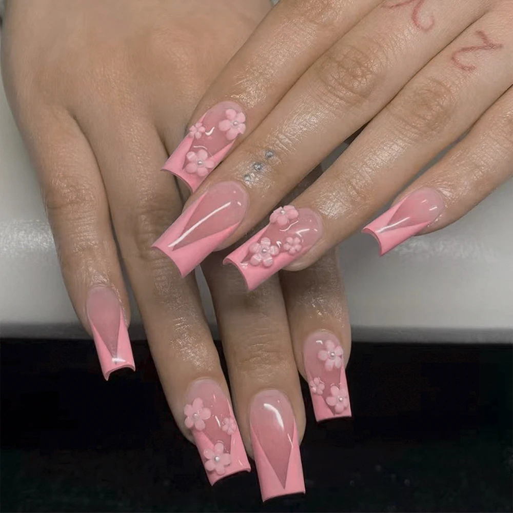 24 قطعة/المجموعة اضغط على أطراف الأظافر تزيين بالأزهار الوردية الفرنسية الاكريليك وهمية الأظافر، تناسب تماما وتصميم متوسط الطول للحلقة