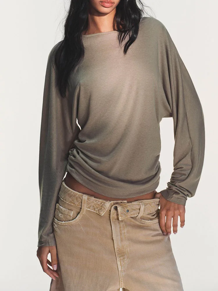 

Spring 2026 Women's Faion Slim Fit Long Sve round Ne T-irt Side Pleated New Arrival Ele Personali Casual Wear