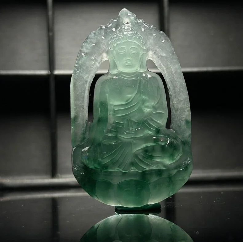 Certified Natural Ice Green Jade Jadeite Carved Buddha Pendant&Necklaces Amitabha