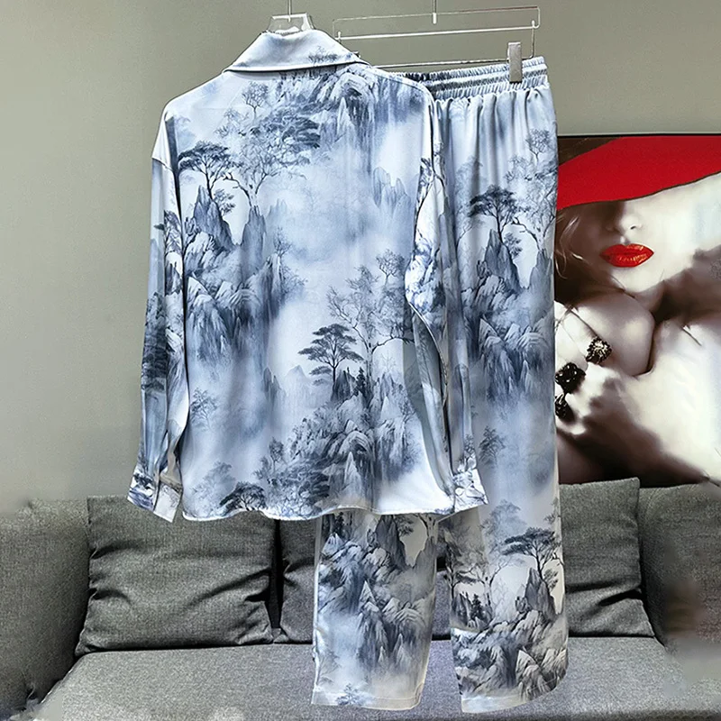 PFHQ Men's Summer Shirts Set New Landscape Painting Print Casual Fashion Chinese Design Versatile Male Drawstring Pants 21Z4514