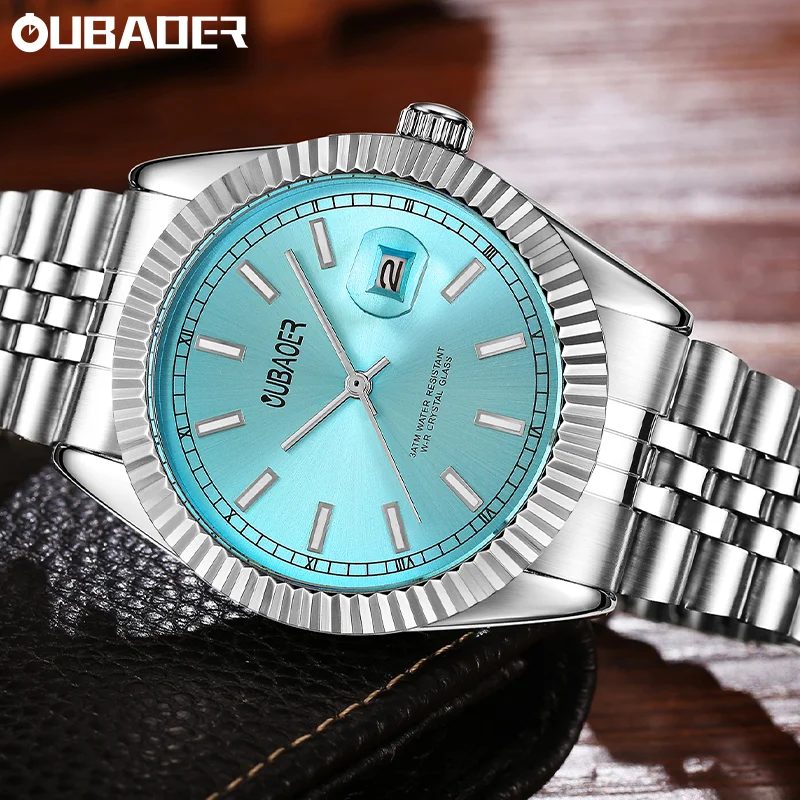 OUBAOER Man Stainless Steel Strap Transparent Mineral Crystal Watches Men's Waterproof For Daily Errands Quartz Wristwatch
