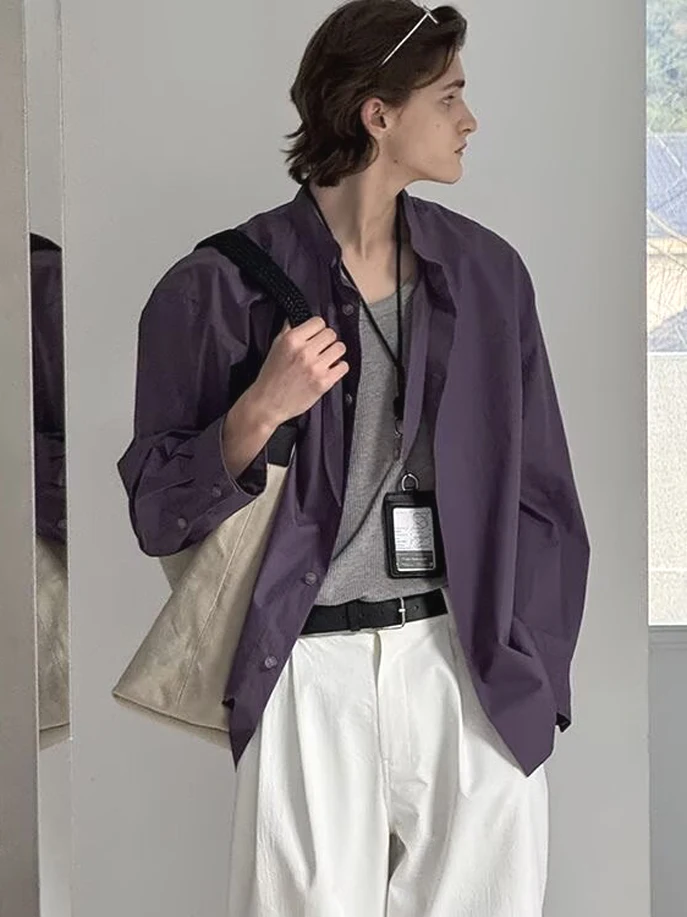 

Faionable Purple Loose Long Sve Stand Collar Men's Casual irt Versatile Workwear Open Cardigan Sle Breathable Youthful