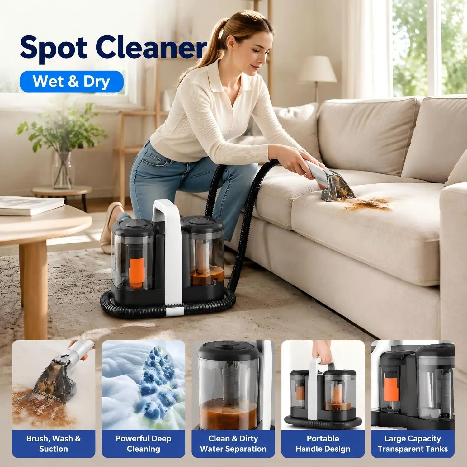 600W Nass-Trocken-Staubsauger, 3-in-1 tragbarer Teppich- und Polsterreiniger mit Sprüh- und Saugfunktion, Tiefenreinigungsmaschine für Couch, Sofa, Matratze, Vorhang, Stoff, Tierflecken, Autoinnenraum