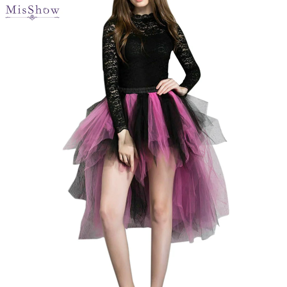 MisShow Gothic High Low Skirt for Rainbow Run Tie Dye Punk Tutu Skirt Bustle Petticoat Marathon Dance Carnival Dress LGBT