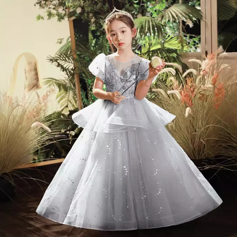 Children's Light Luxury Niche High-end Piano Performance Girl Host Model Competition Evening Dress Puffy Tulle