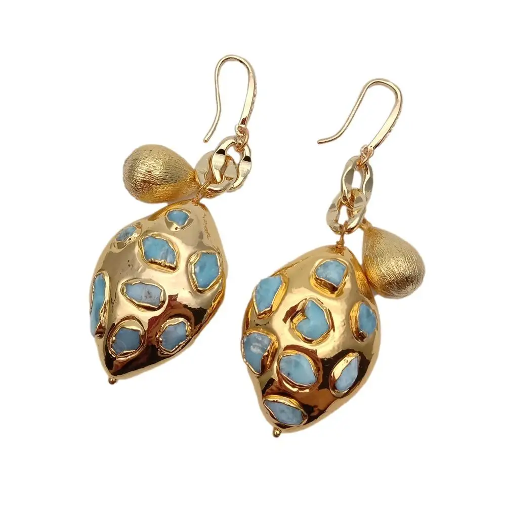 YYGEM 25x34mm Natural Blue Larimar Dangle Hook Earrings Gemstone Earrings Women