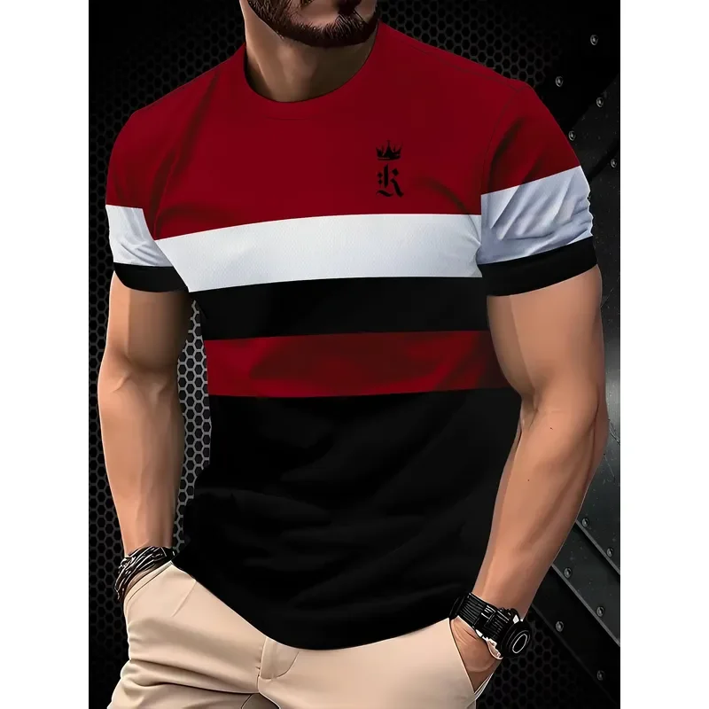 Men Red White Black Horizontal Stripe Crown Logo Short Sleeve Crew Neck Casual T Shirt 2026 Summer Fashion Top