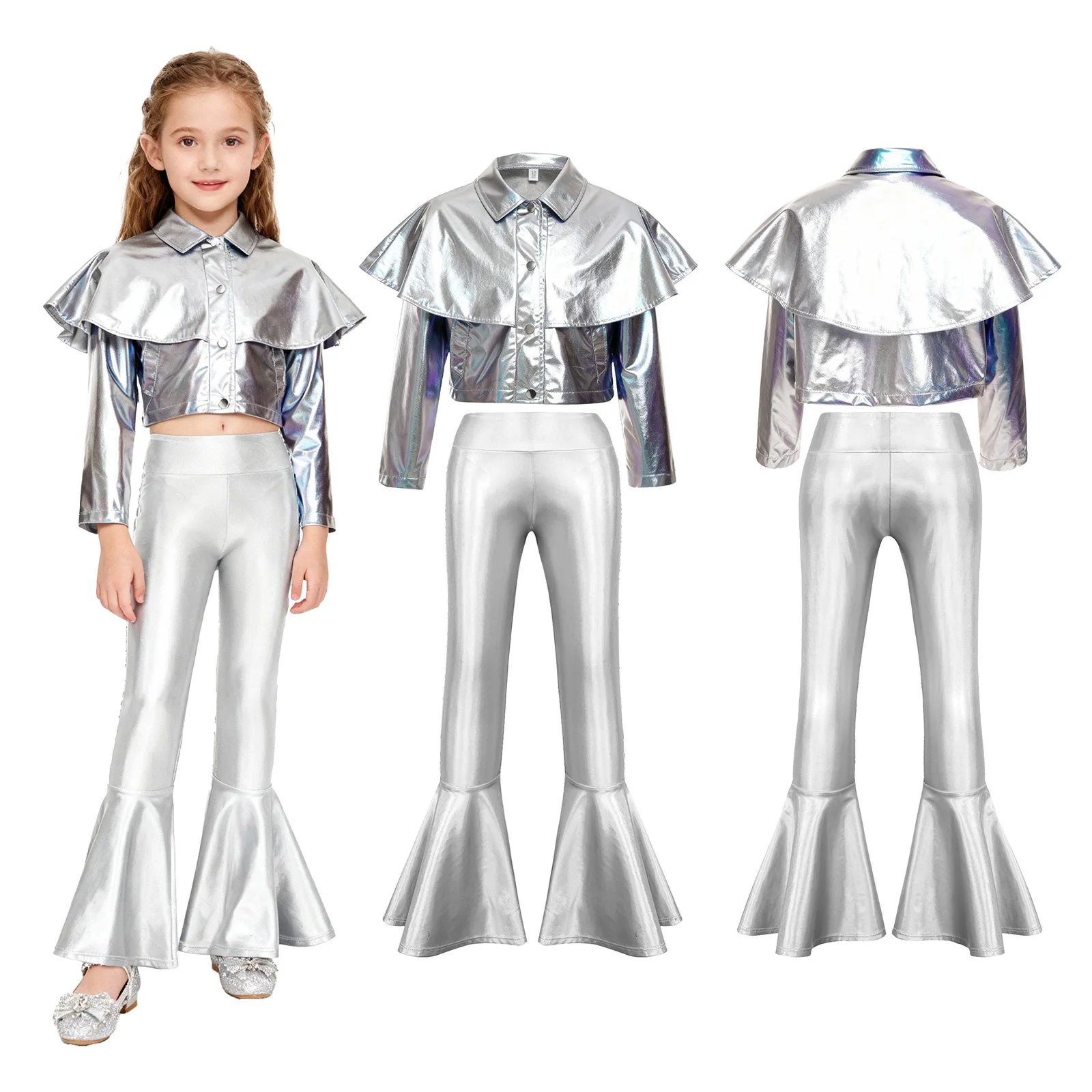 Kids Girls Jazz Disco Dance Costume Shiny Metallic Jacket with Flare Pants Dancewear Set for Hip-hop Dance Theme Party Stage