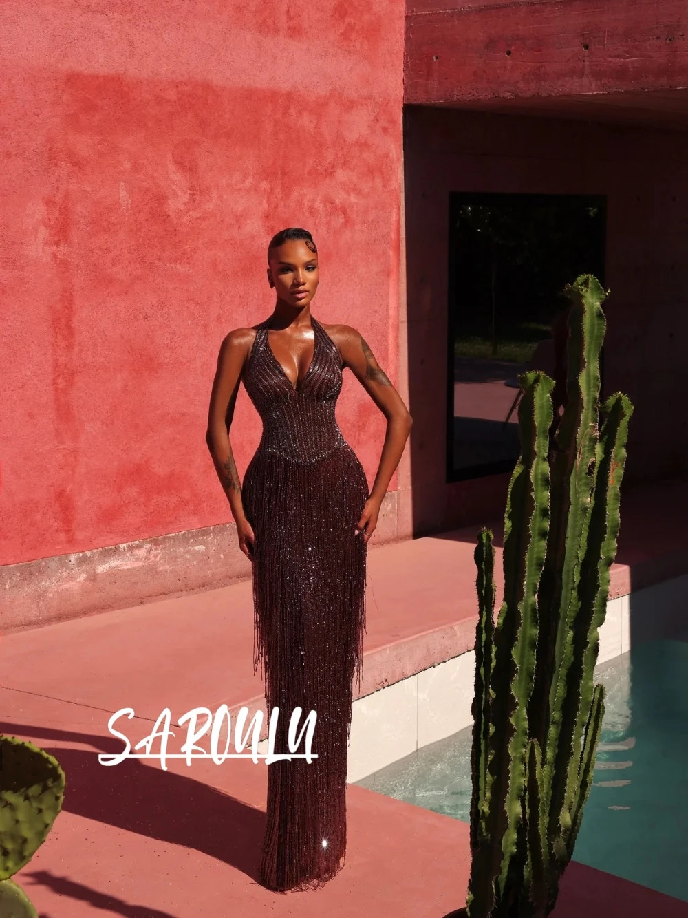 2027 Halter Neck Prom Dress Mesh Beaded Fringe Tassel Glitter Mermaid Evening Dress Luxury Party Cocktail Gown Customized