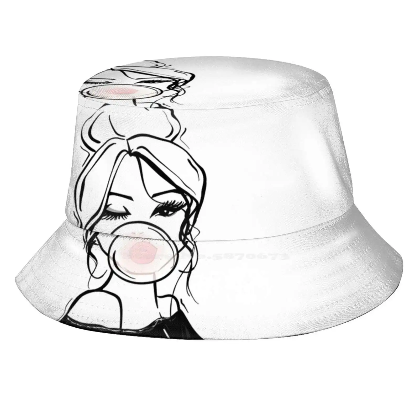 Bubble Gum Wink Fashion Illustration Sun Cap Fisherman Hat Bucket Hats Bubble Gum Wink Girl Lashes Black And White Pink Bubble