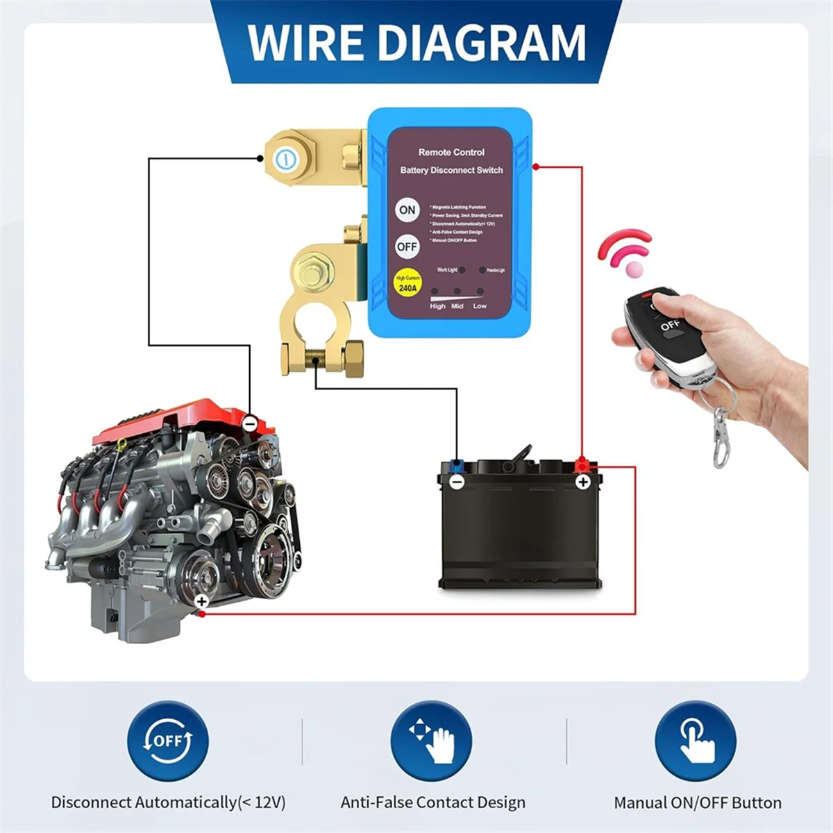 AU35 12V 240A Remote Battery Disconnect Switch, Automatic Power Off Switch Car Truck Boat Remote Control Switch