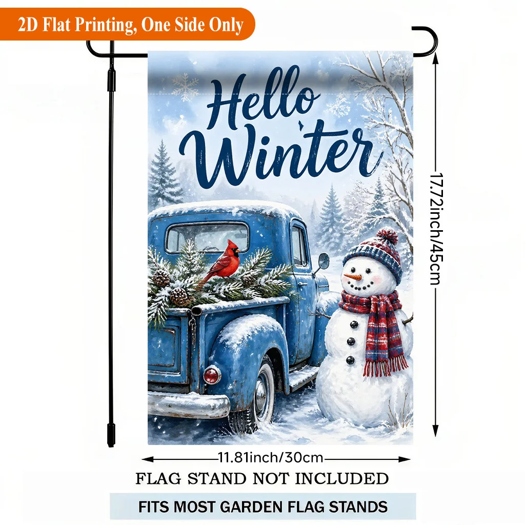 2D Flat Garden Flag 1 Piece, Winter Truck and Snowman Single-sided Polyester Garden Flag, Holiday Yard Outdoor