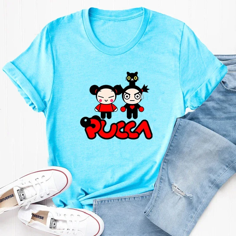 Pucca and Garu Cute Love Cat T Shirt Women Cotton Short Sleeve Print Tshirt Funny Cartoon Graphic T Shirts Woman Clothing