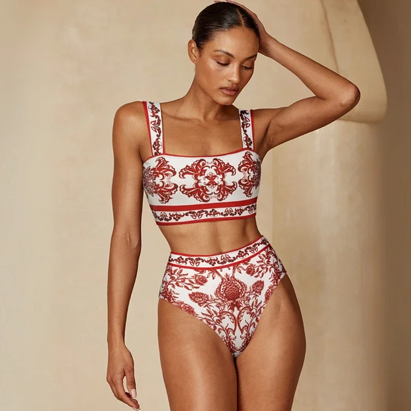 Retro Women Bikini Set Swimwear Women Red Flower Totem Pattern Print Bikini Female Biquini Push Up Swim Suit Bodysuit Beachwear