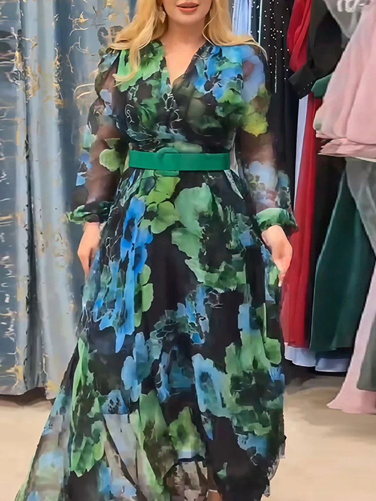 Herbst Bohemian Casual Urlaub Kleider Vintage Gedruckt Langarm Hohe Taille Robe Kleid Mode V-ausschnitt Mesh frauen Party Kleid