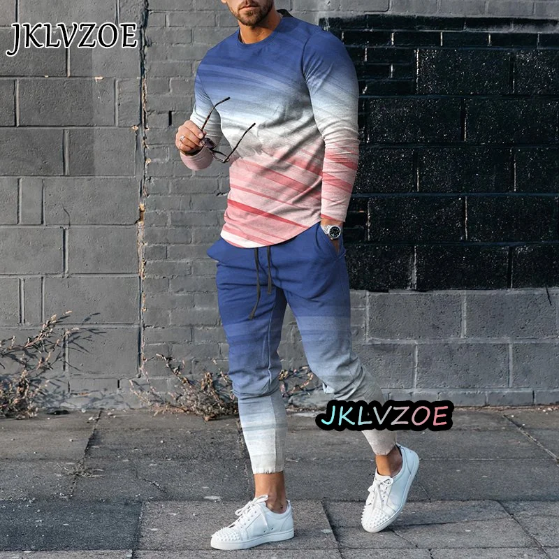 Pantalones casuales de manga larga a rayas para hombre, camiseta gráfica, chándal, ropa de diseñador, traje de gran tamaño con estampado 3D, 2 piezas