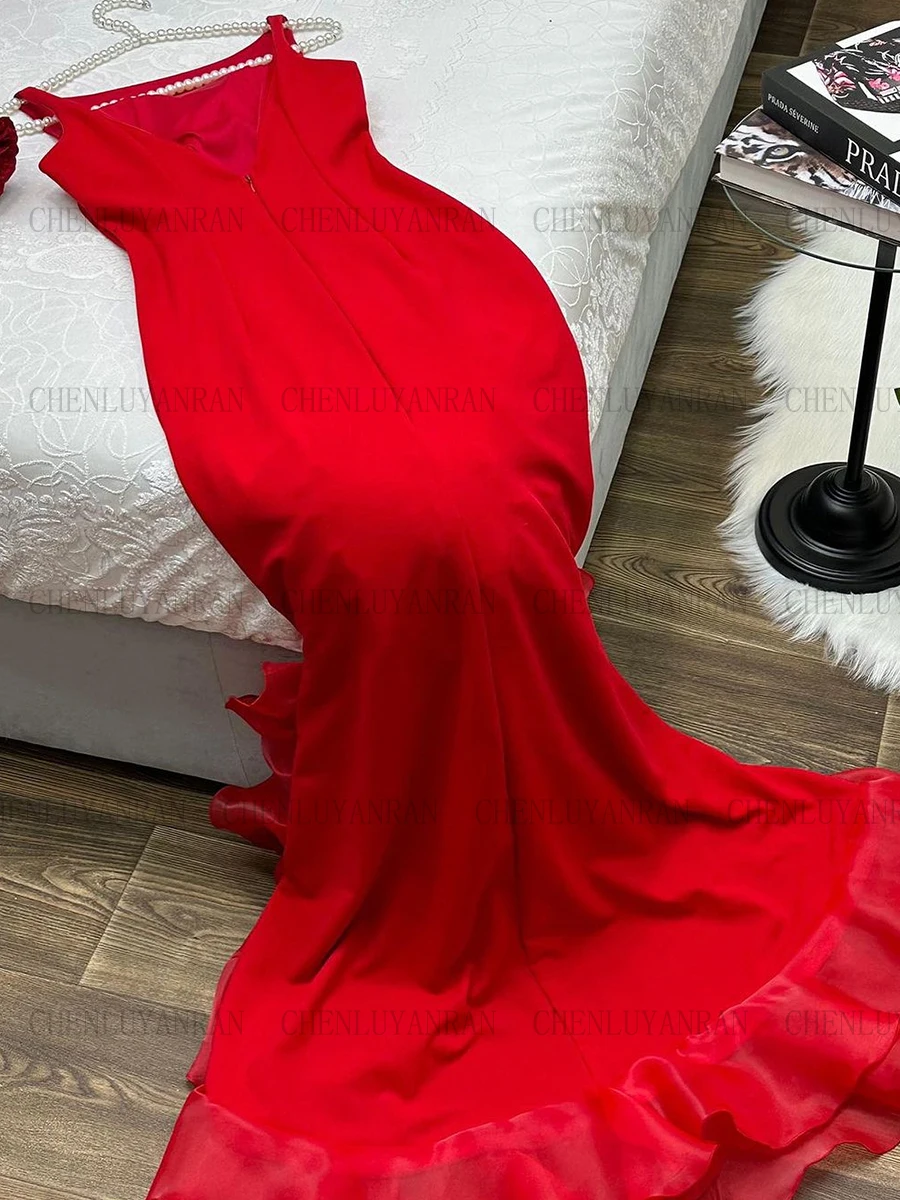 Simple Spaghetti strap Red Mermaid Satin Prom Dress Women Floor-length Evening Party Gown Formal Occasion Dresses  فساتين السهرة