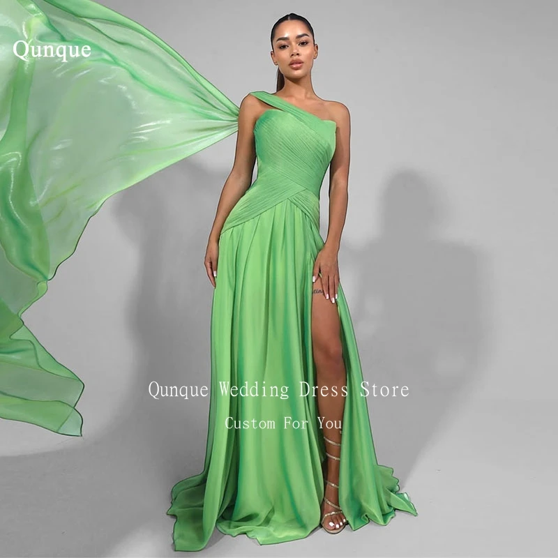 

Qunque Exquisite Green One Shoulder Pleats Evening Dress High Quality Leg Slit Evening Dresses With Cape Party Gowns Customized