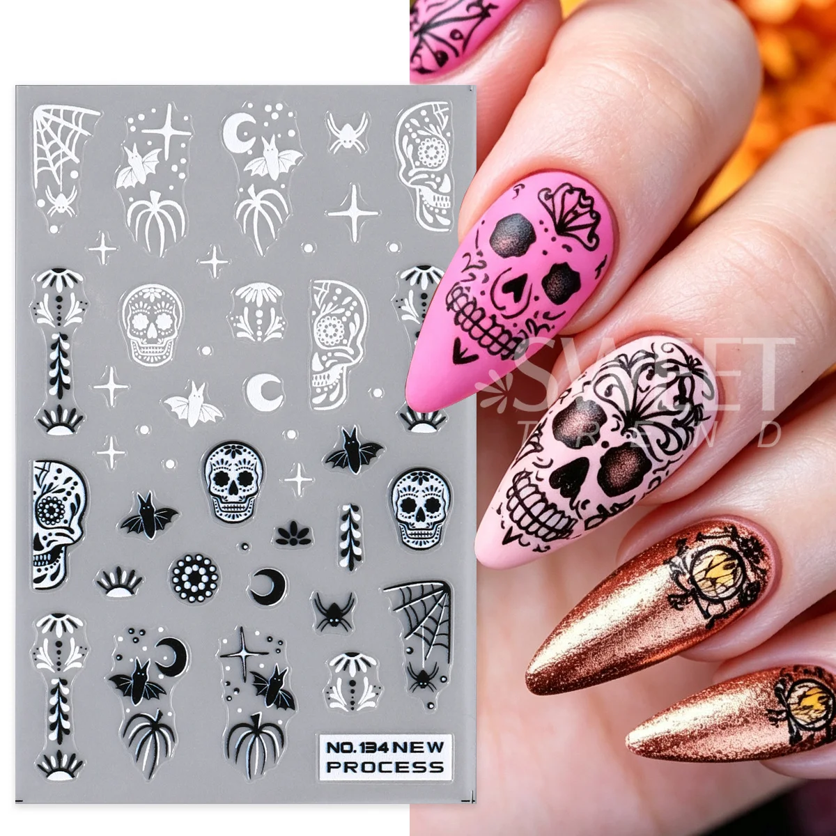 1/2pcs Black White Mexican Sugar Skull Matte Nail Sticker Spider Web Bat Marigold Flowers Decals Gothic Halloween Manicure Decor
