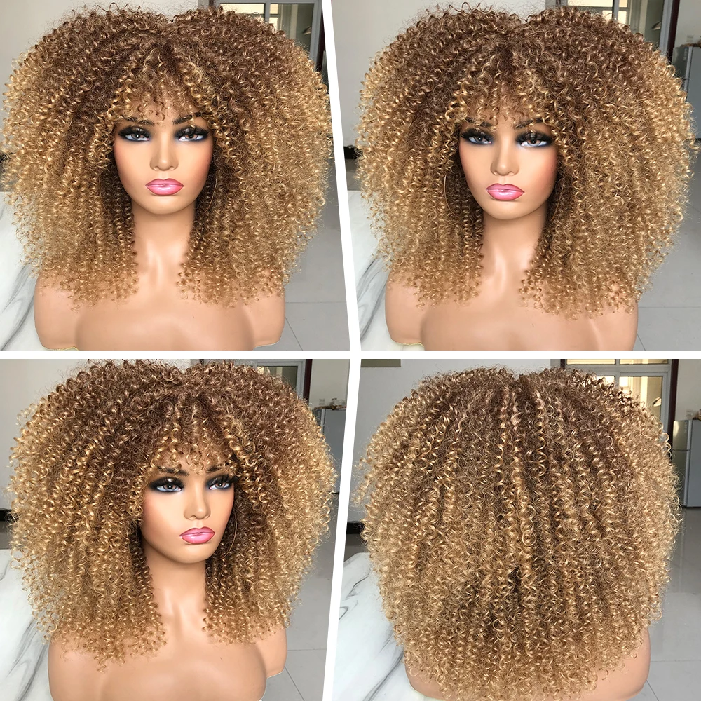 Perucas afro encaracoladas para mulheres negras, peruca curta encaracolada com Franja, cachos perversos, cabelo sintético para mulheres afro-americanas