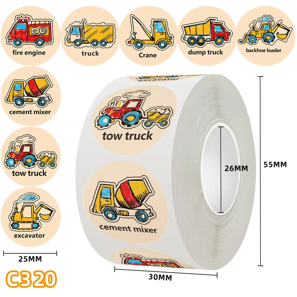 

500pcs/Roll Toy Engineering Vehicle Car Cartoon Sealing Sticker DIY PVC Laptop Decals Decoration Stiker Reward Gift Toys