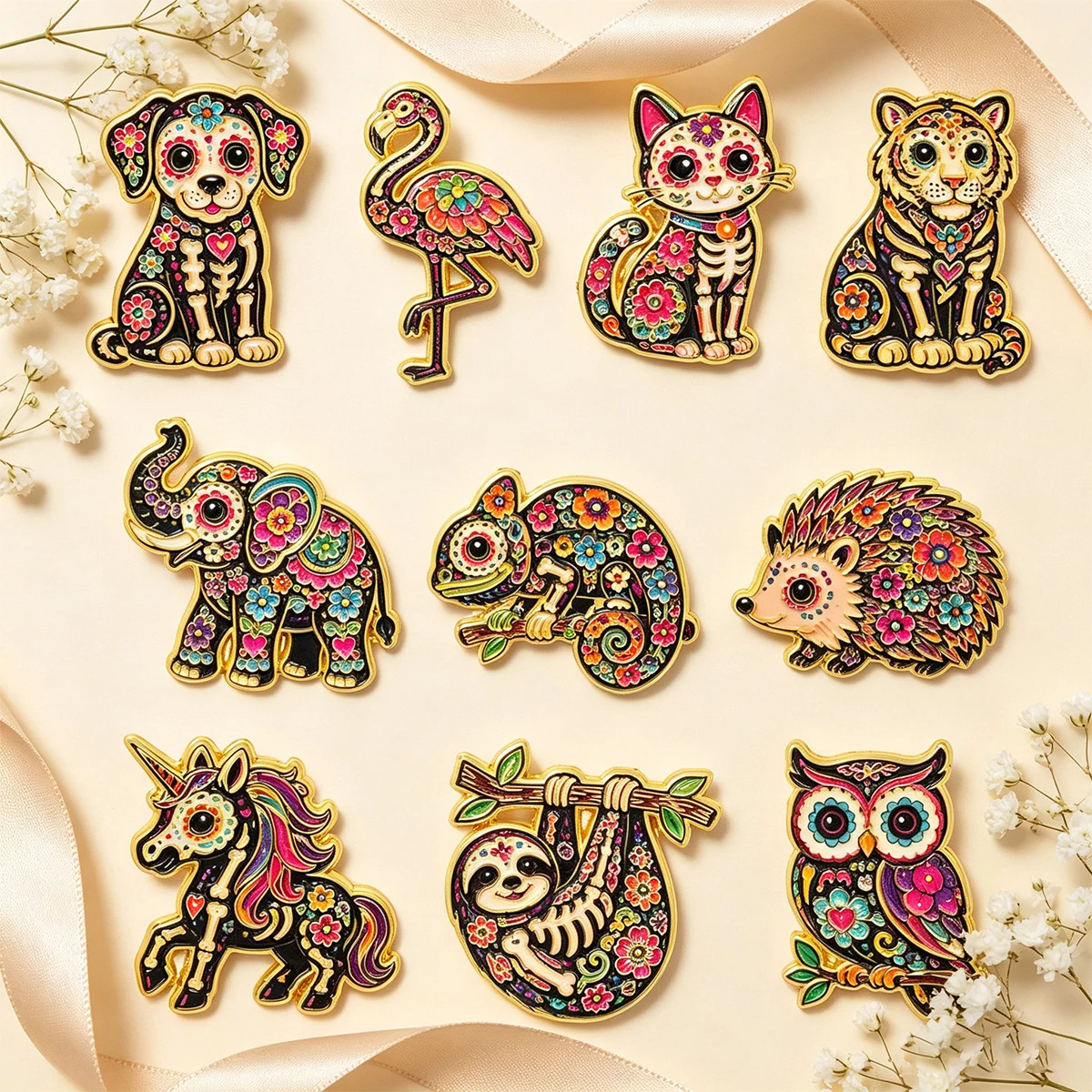 10pcs/Set Day Of The Dead Skeleton Enamel Pin Floral Cat Tiger Brooch Backpacks Bag Collar Lapel Decoration Jewelry Friends Gift