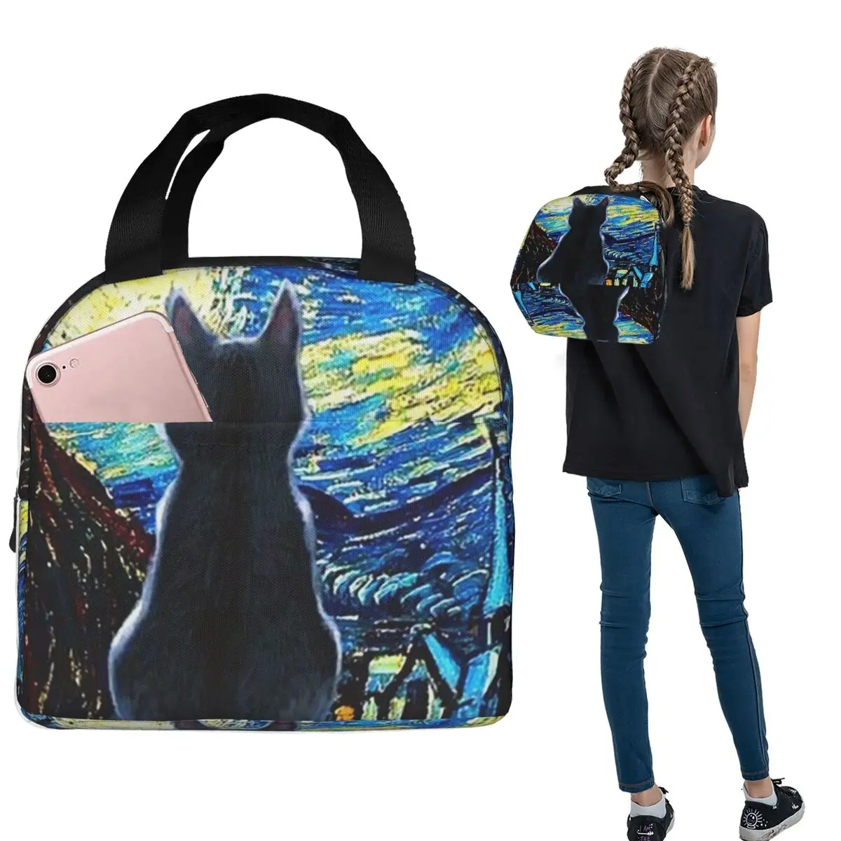 Black Cat Looking Up At The Starry Sky Print Insulated Lunch Bag for Women Kids Leakproof Food Boxes Thermal Lunch Box Tote
