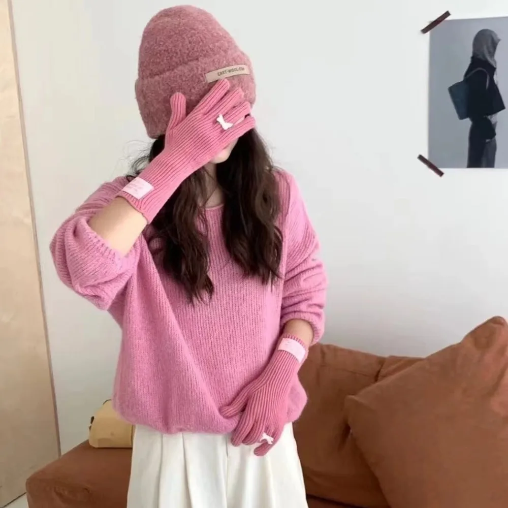 

Lovely Korea Knitted Bow Gloves Y2k Kawaii Women Winter Gloves Harajuku Fashion Warm Riding Gloves Riding