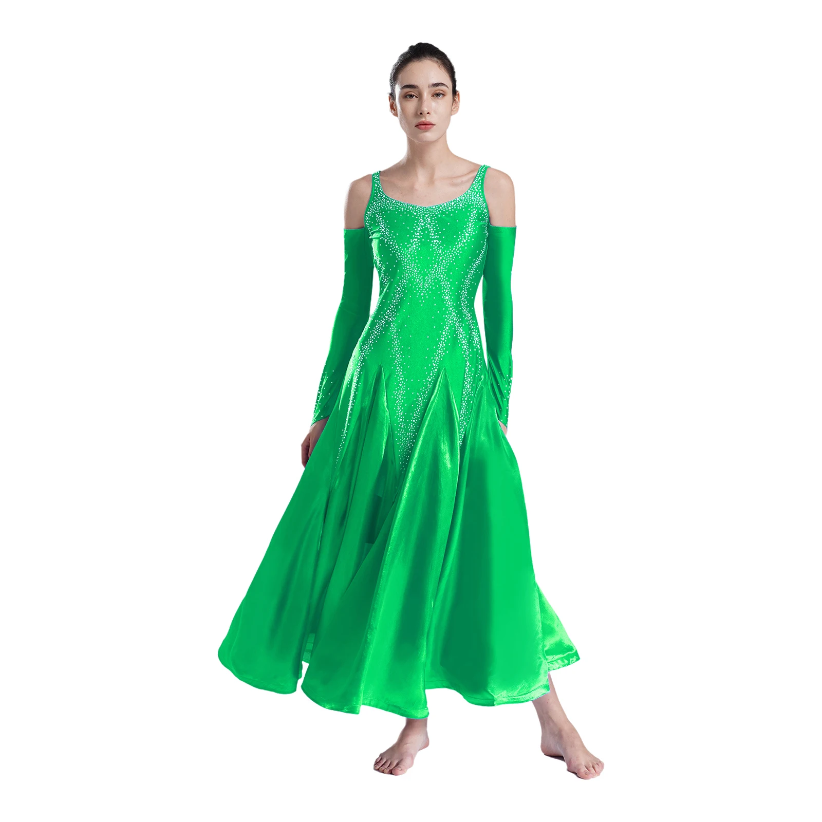 Womens Ballroom Dance Costume Dancewear V Neck Backless Cold Shoulder Dress for Waltz Lyrical Modern Dancing Performance Costume