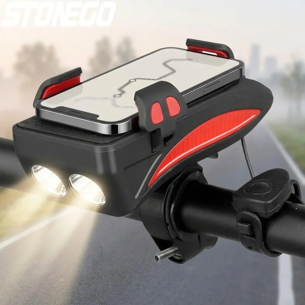 2000mAh 4 in 1 Rechargeable Bike Light Multifunction Headlamp with Horn Phone Holder for Safe Night Cycling Accessories