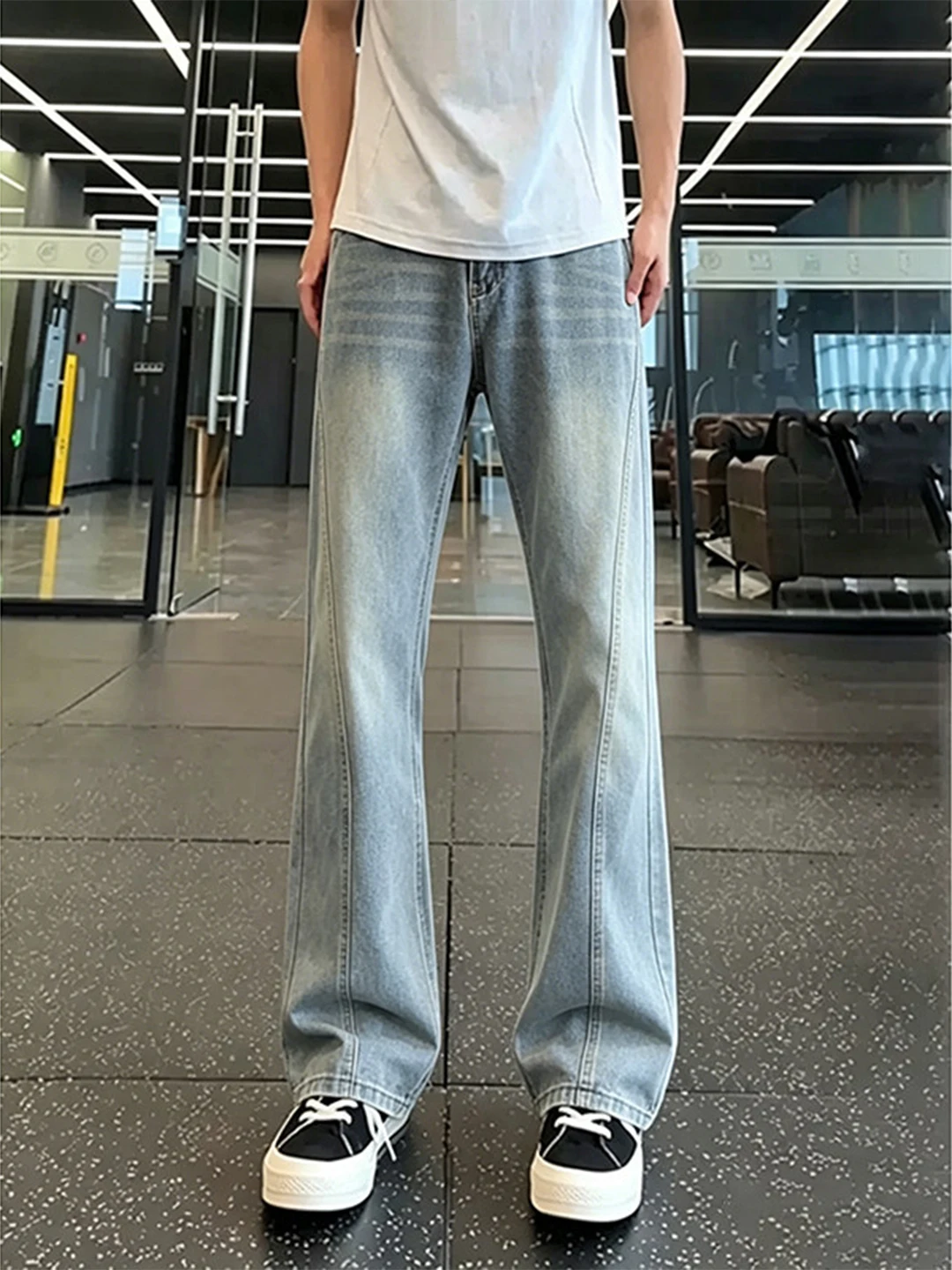 American Style Light Blue Washed Micro Flared Jeans Men Summer Thin High Street Vibe Pants Slant Cut Slim Straight Leg Jeans
