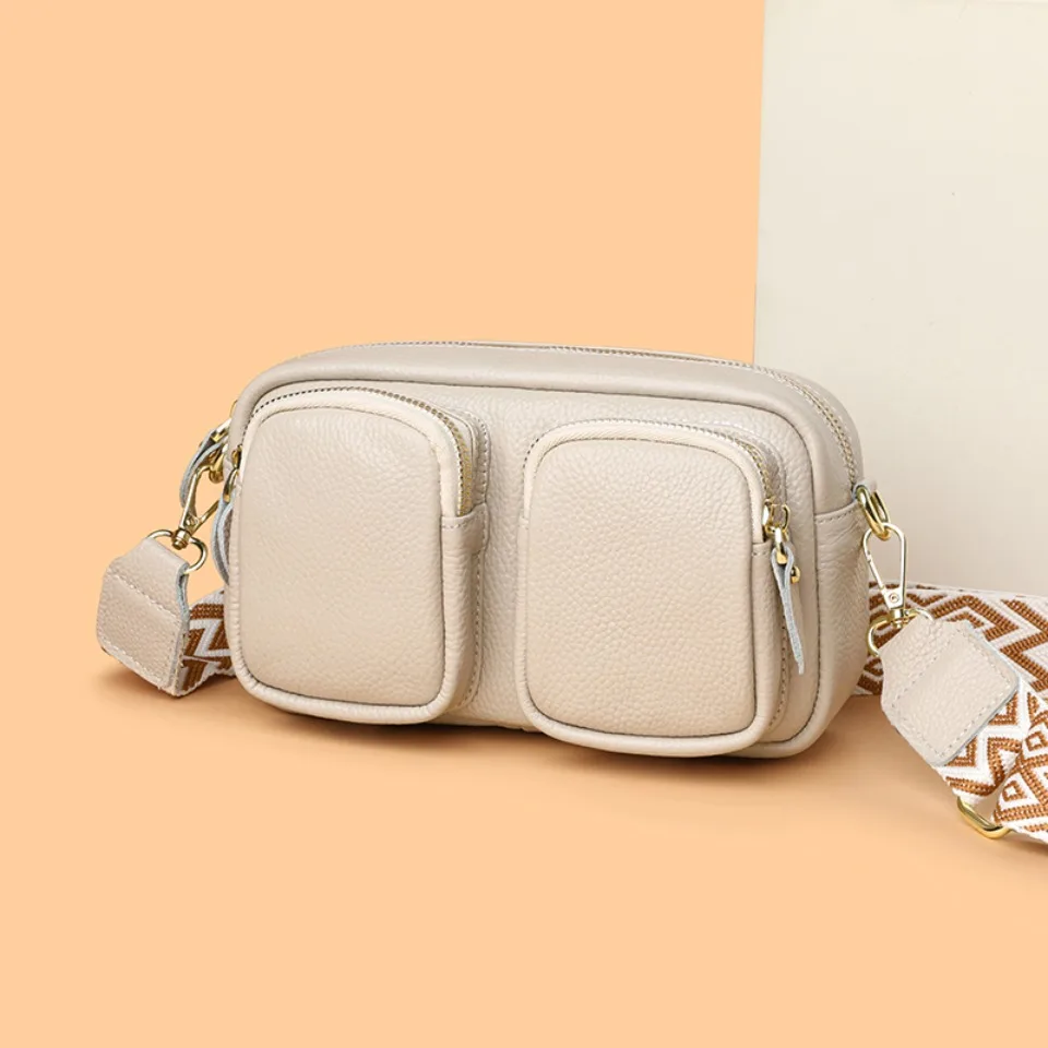 Genuine Leather Two Front Pockets Shoulder Bag High Quality Solid Color Crossbody Bags for Women Luxury Cow Leather Female Purse