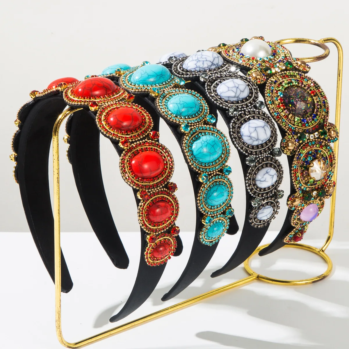 Bohemian Baroque Gemstone Headband For Women Handmade Rhinestone Inlaid Vintage Ethnic Statement Headwear Hair Accessories
