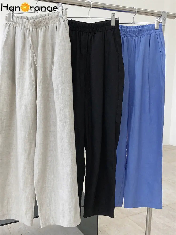 HanOrange 2025 Autumn Thin Wide Leg Pants Pure Linen Women Loose Comfortable Cool Trousers Female Black/linen/blue-purple