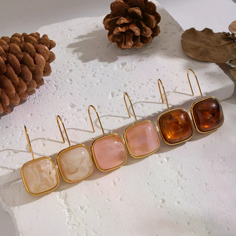 Amber Beige Resin Square Drop Earrings Daily Stainless Steel Versatile Fashion Women Girls Jewelry Gift Accessories