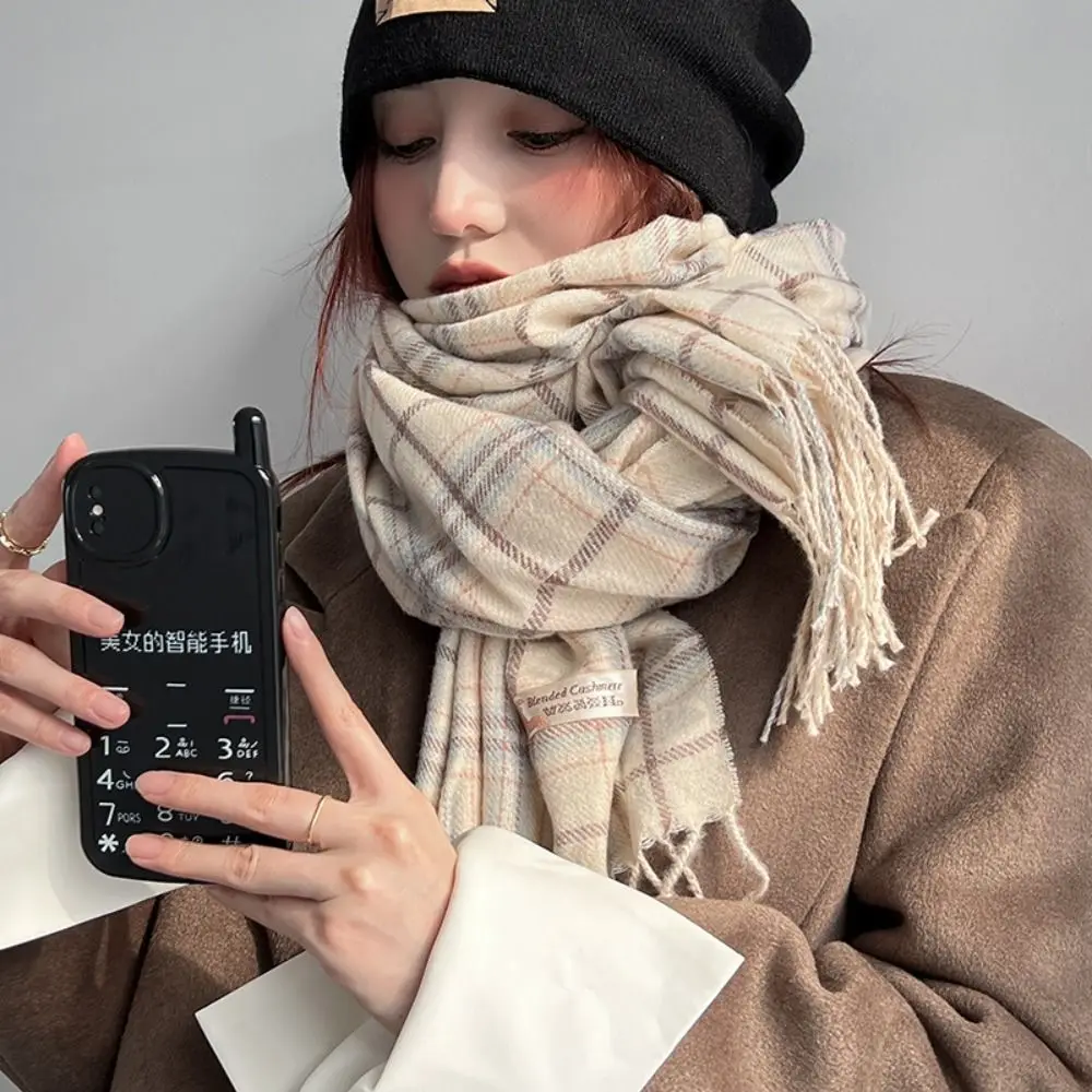 

Simple Tassel Plaid Wool Scarf Plush Retro Green Long Shawl Korean Style Scarves Cashmere Shawl Cape Wraps Girl